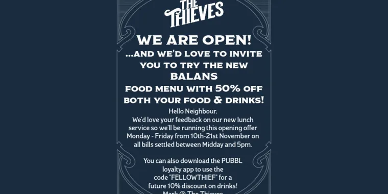 50% Off All Food And Drink!* 21 Nov